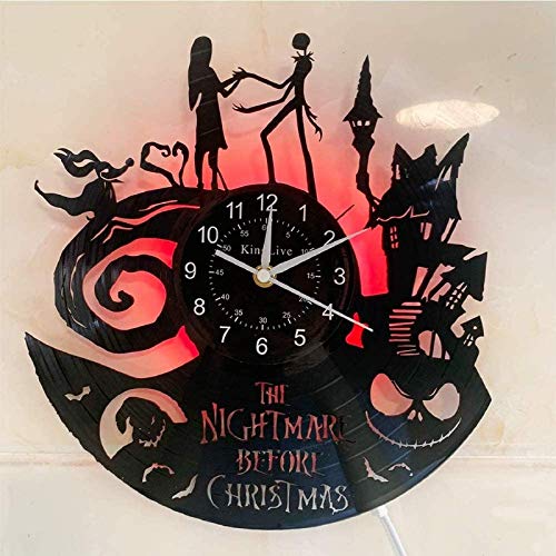 Horloge murale en forme de disque vinyle L'Étrange Noël de Monsieur Jack | Horloge à quartz faite à la main L'Étrange Noël de Monsieur Jack Étrange Noël Éléments de dessin animé Cadeau d'anniversaire