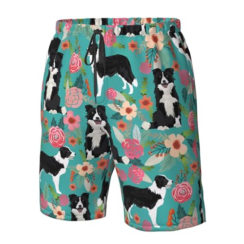 Border Collie Florals Men's Swim Trunks Quick Dry Board Shorts with Pockets Casual Drawstring Beach Shorts4