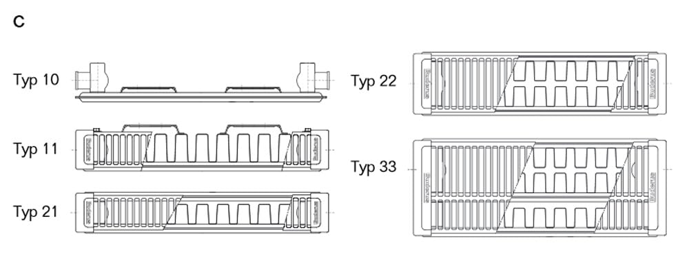 Buderus Logatrend Kompakt-Flachheizkörper C-Profil Typ 11 BH 500 vers. Längen + Halter (BL: 600 mm)