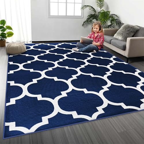 MOONLIGHT20015 Rugs Living Room 120 x 170 cm - Trellis Style Navy Blue Area Rugs for Bedroom Dining Room – Non Slip Large Bedside Rug Printed Carpet for Lounge, Ava Navy