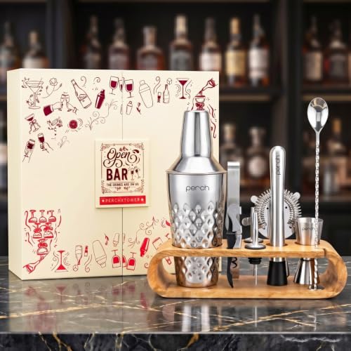 Image of O' Holic by Perch Cocktail Shaker Gift Set|10-Piece Stainless Steel Bartender Kit with Mango Wooden Stand|Accessories for Home Bar|Gift Box for Winters, Birthday, Wedding,Anniversary,Christmas |Silver