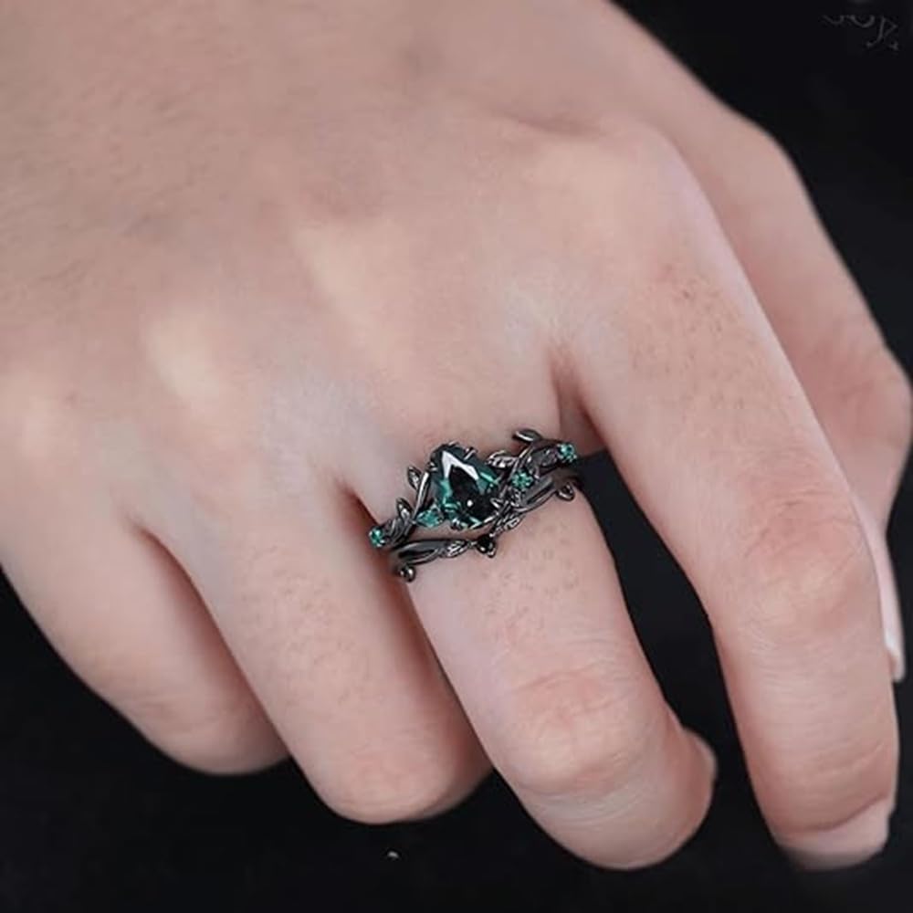 Pear & Round Cut Green Emerald 925 Sterling Silver In 14K Black Gold Finish Diamond Vintage Leaf Design Engagement Wedding Bridal Ring Set for Women's