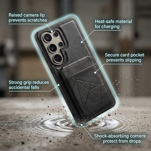 Image of amazon basics Premium Vegan Leather Back Cover with Card Holder and Integrated Mobile Stand for Samsung Galaxy S26 Ultra 5G - Slim Shockproof Wallet Case with Geometric Stitching [Black]