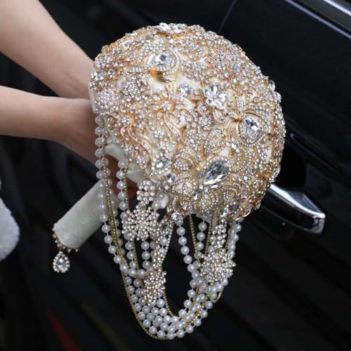Image of MaxxCloud Luxury Gatsby-Inspired Vintage Wedding Golden Brooch Bouquets Handmade Sliver Bling Glam Wedding Bridal Bouquet