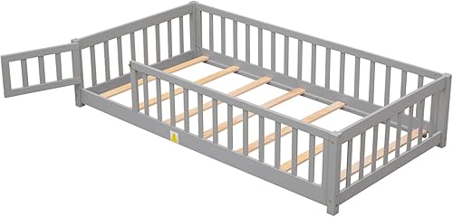 Miniatura 8 de i-POOK Cama de plataforma Montessori de tamaño individual, marco de cama con barandillas en forma de valla y plataforma de madera maciza con 7