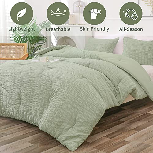 Yozen Sage Green Queen Seersucker Comforter Set (90X90 Inch), 3 Pieces Textured Comforter With 2 Pillowcases, Soft Lightweight Microfiber Down Alternative Bedding Set For All Season #TOP1
