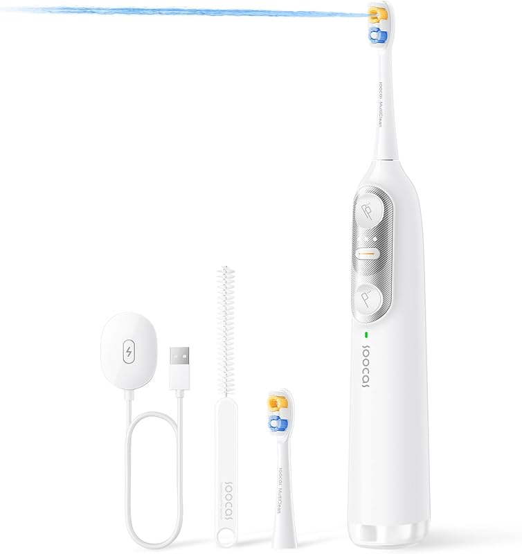 Cepillo de dientes eléctrico Soocas NEOS II con combinación de hilo dental de agua, blanco perla | Cepillado y uso de hilo dental 2 en 1 para el cuidado diario de las encías y los aparatos ortopédicos, ahorro de espacio, batería de 30 días, portátil, recargable, impermeable