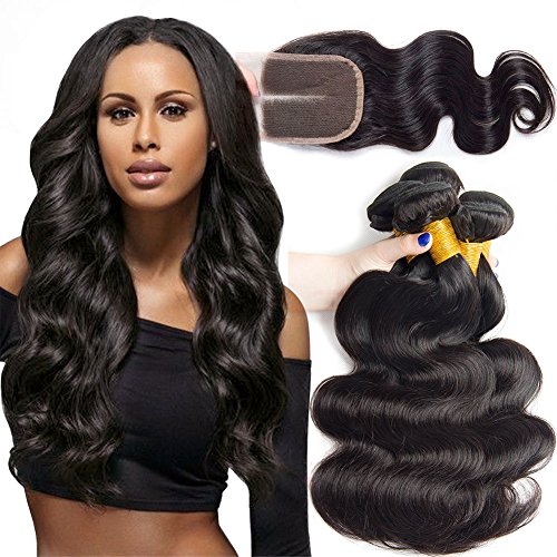 Lemoda Brazilian Virgin Hair 3 Bundles with Closure Unprocessed 100% Human Hair Bundles with Lace Closure Brazilian Body Wave (12 14 16 +10inch Middle Part Closure)