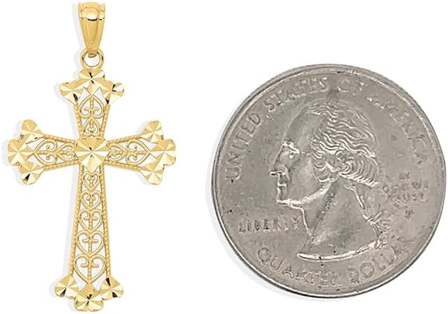 Diamond2Deal 14k Yellow Gold Diamond-cut Polished Filigree Hearts Cross Shape Charm Pendant Length-1.25 in, Width-0.69 in