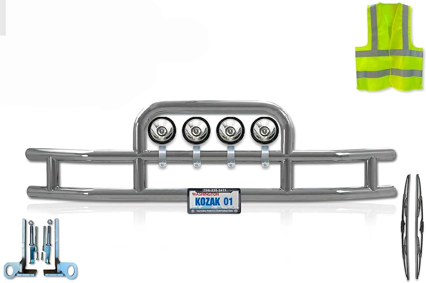 Compatible with Kenworth T680 2012-2021 Front Bumper Grille Deer Brush Moose Guard - Round- 4x 6" LED Lights, License Plate Holder, Bracket, Logo, KOZAK Vest and Wipers Included