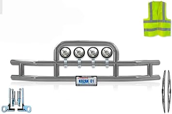 Compatible with Kenworth T680 2012-2021 Front Bumper Grille Deer Brush Moose Guard - Round- 4x 6" LED Lights, License Plate Holder, Bracket, Logo, KOZAK Vest and Wipers Included