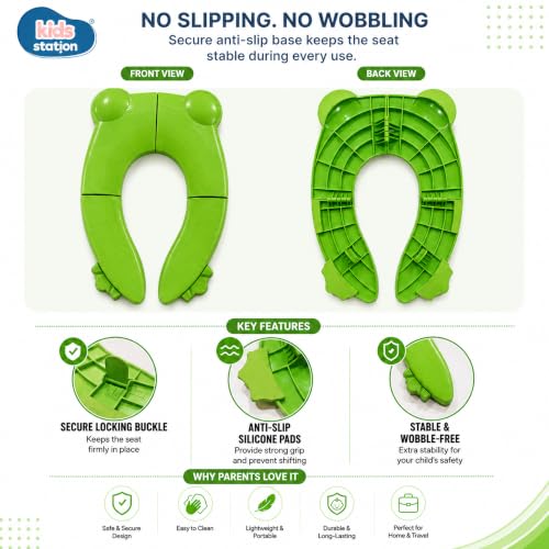 Image of Kids Station Baby Portable & Foldable Baby Unisex Potty Training Toilet Seat with Non-Slip Base, Splash Guard, and Storage Hook-Ideal for 0-6 Year Child, Travel-Friendly (Green, Foldable Potty Seat)
