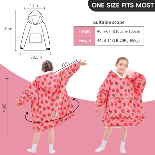 yescool Wearable Blanket Hoodie Kids, Oversized Blanket Sweatshirt with Sherpa Teen Girl Gifts for Kids, Youth, Boys, Girls, 8-15 Year Old Girl Boy Gift Warm Wearable Blankets, One Size, Strawberry