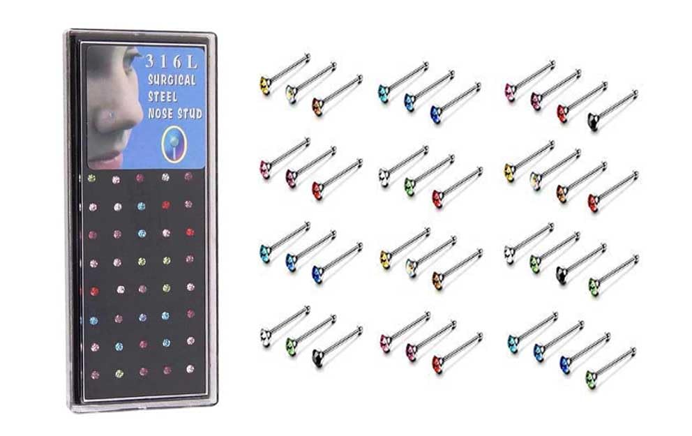 316L Surgical Stainless Steel Nose Studs Set, Multi-Color Crystal, 40 Pieces for women & Girls Size-2.5 Medium size pack of 40 pieces-image-8