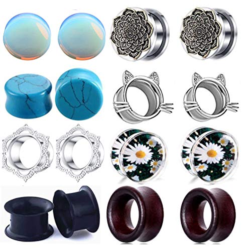 Women Ear Tunnels Stainless Steel Glass Stone Acrylic Ear Gauges Plugs Piercing Earrings Stretcher Set 8 Pairs