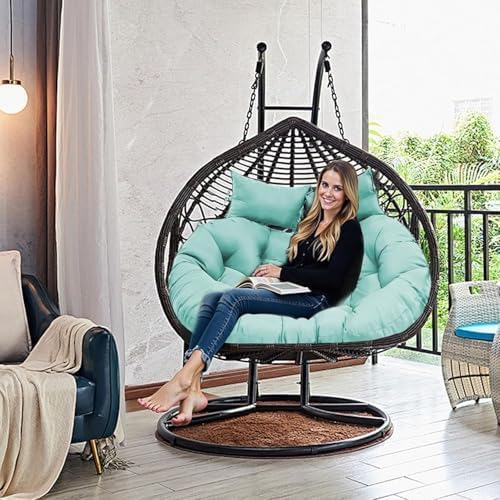 Image of Patio Double Chair Cushion Replacement 55x35in Thickened Memory Foam Large Double Egg Swing Chair Cushions Outdoor Hnaging Basket Egg Chair Cushion 55x35in (Sky Blue Cushion Only) R-3