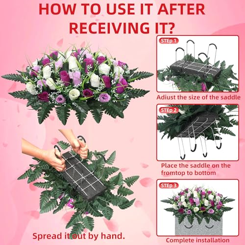 Lodou Cemetery Flowers for Grave,Headstone Flower Saddle,Flowers for Cemetery Grave Decoration Headstone Flower Saddle for Headstone Decoration (Purple White) image 2