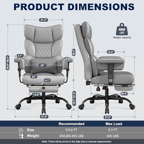 Image of Misolant Big and Tall Office Chair with Footrest, High Back Executive Desk Chair with Adjustable Lift Armrest, 155Recline,Lumbar Support Pillow, Faux Leather Gaming Chairs for Home or Office Gray
