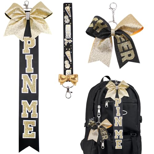 JOYFUNFABU 3PCS Large Size Pin Me Ribbon for Cheer Bag Glitter Cheer Bow Keychain Pin Holder Set Cheerleader Team Spirit Gifts