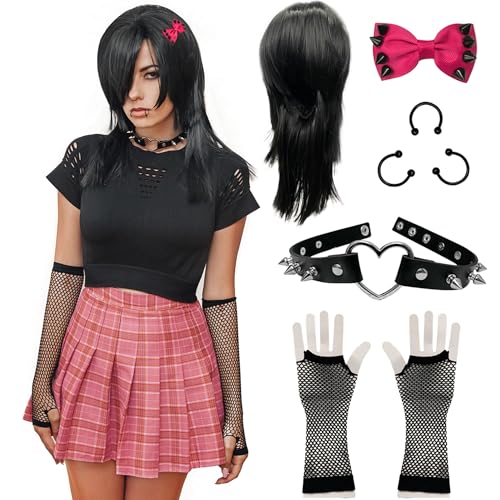 Watt's Wigs - Emo Costume Set for Women - 2000s Goth Pop Punk Scene Kid Party - Long Black Wig, Pink Bow, Fake Piercings, Studded Choker, and Fishnet Sleeves