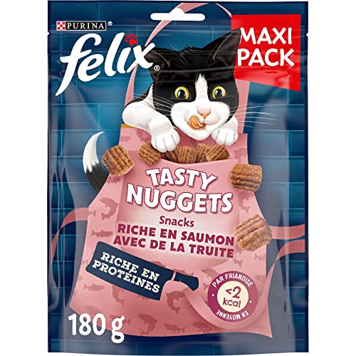 FELIX | TASTY NUGGETS | Snacks Chat Adulte | Friandises au Saumon et à la Truite | Aliment complémentaire riche en Protéines et Vitamines Oméga 6 | Sachets Fraîcheurs | Lot de 6 x 180 g