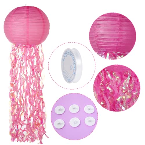 Image of Set of 6 Hanging Jellyfish Paper Lanterns Blue Jellyfish Decor for The Sea Ocean Party, Mermaid Birthday Decoration, Baby Shower, Nautical Events(Glitter Pink)