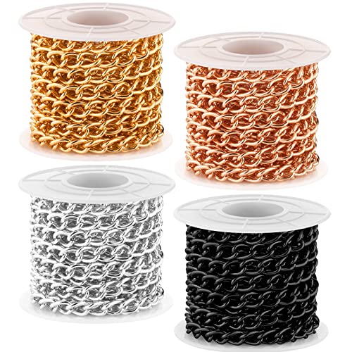 4 Rolls 39.4 Feet in Total Aluminium Curb Chains Twisted Links Curb Chain Spool Jewelry Making Chains for Bracelet Necklace Jewelry Making (Rose, Black, Silver, Gold)