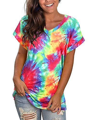 GOOTUCH Women's Tie Dye V-Neck T Shirts Short Sleeve Casual Floral Tee Tops(Tie Dye 01,L)