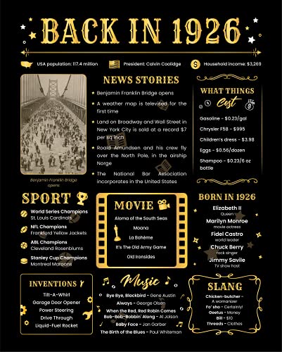 100th Birthday Card for Her and Him - Ideas 1926 Birthday Gifts for Women and Men - 100th Decorations Party Favors - 8x10 Unframed