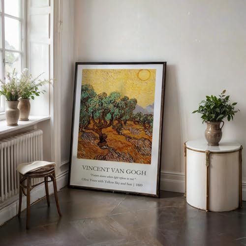 Image of Waltractive Vincent Van Gogh Paintings Framed Poster with Beautiful Quotes - Available in 33x22 and 48x33 CM - Classic Art Poster with sleek Black Frame - Elegant Home and Office Decor (Olive Trees with Yellow Sky and Sun, 9x13 Inch, Framed)