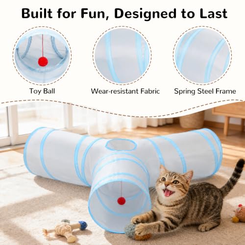 Image of Tempcore Cat Tunnel, 3-Way Collapsible Toy, Large Size Light Grey & Blue | Large Size 3-Way Cat Tunnel Provides More Room for Cats to Run, Hide and Chase, with Peek Holes, Hanging Ball and Teaser Wand
