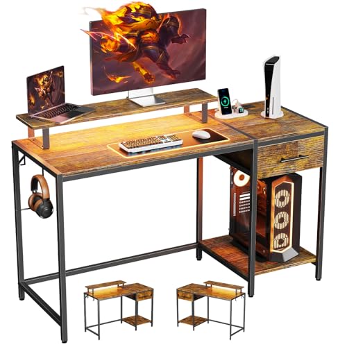 Lkeiyay 48 Inch Computer Desk with Power Outlets and LED Light, Gaming Desk with Wooden Drawers, Office Desk with Monitor Stand and Headphone Hook, Rustic Brown