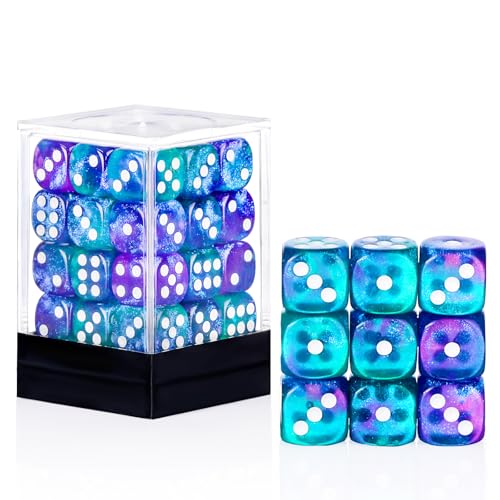 36 of Pack 12MM 6 Sided MINI Dice Set Two Colours Glitter D6 Game Dice Set 6 Sided Standard Dices for Yahtzee Bunco or Teaching Math with Portable Plastic Box(Green Purple)