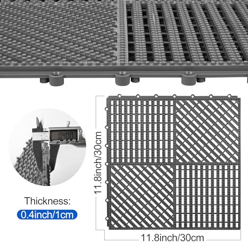 Image of ToLanbbt Modular Interlocking Cushion 12P 11.8 inch x 11.8 inch Interlocking Rubber Floor Drain Holes Non-Slip Splicing Drainage Mats for Deck, Shower, Kitchen, Drain Pool, Sauna Bath (Dark Grey, 2 Rows Dots)