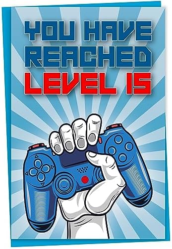 15th Birthday Card, You Have Reached Level 15, Greeting Card for Fifteen Year Old Gamer Boys or Girls, Birthday Gift for Teenage Son or Daughter, Grandson Granddaughter, Blue