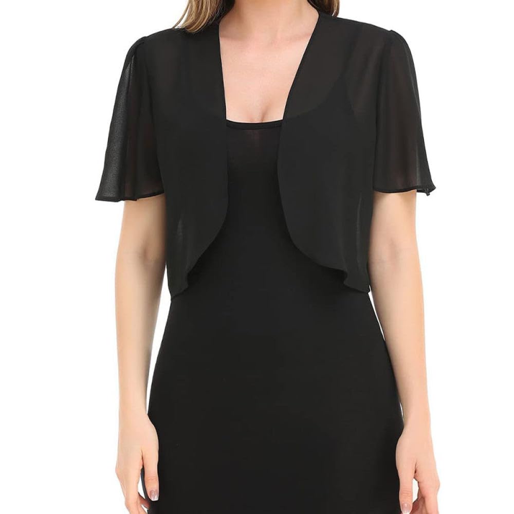 Fwshangmao Women's Black Shrugs, Short Sleeve Shrug Summer Chiffon Bolero Cardigan Embroidery Jacket Short Open Front Elegant Shoulder Jacket See Through Cover-Up For Dresses,,3Xl