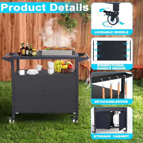 Image of COZEER Outdoor Grill Table with Storage, Movable BBQ Grill Cart, Outdoor Kitchen Prep Station, Rolling Bar Serving Cart with Utensil Hooks, Blackstone Griddle Stand