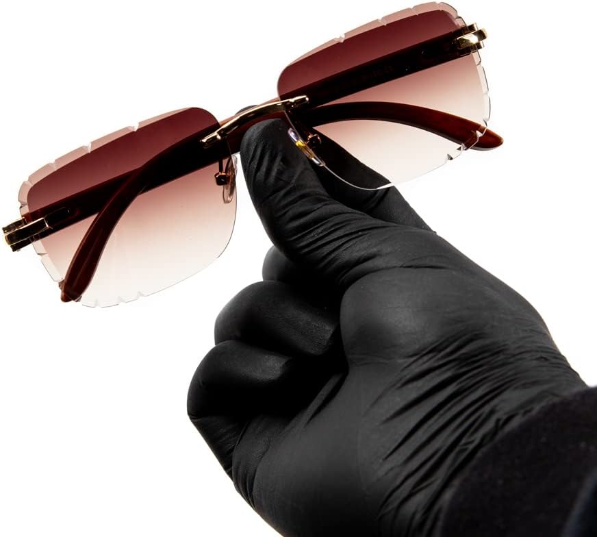 Street Knitted Men Women Rimless Gold Frame Stylish Burgundy Tinted Gem Cut Lens Woodgrain Shades 90s Rectangle Cool Frameless Retro Trendy Hip Hop Old School Unisex Square Sunglasses - Image 2