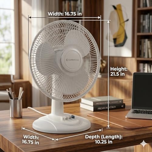 Image of Comfort Zone Oscillating Table Fan with Adjustable Tilt, Convenient Push Button Controls, Quiet, 16 inch, 3 Speed, Desk Fan, Airflow 15.75 ft /sec, Ideal for Home, Bedroom, Dorm & Office, CZ161WT