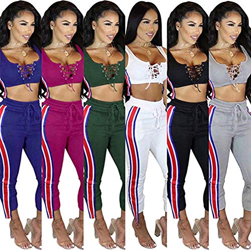 Women's 2 Pieces Outfits Lace Up Crop Tank Top+Ankle Pant Sweatsuits Set Tracksuits Small Rose