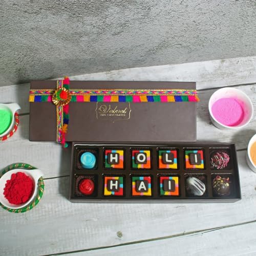Image of Velvet Fine Chocolates Premium Holi Chocolate Gift Rang Biranga box 12 Assorted Chocolates Holi Gift Pack for Kids, Family, Friends, Employees