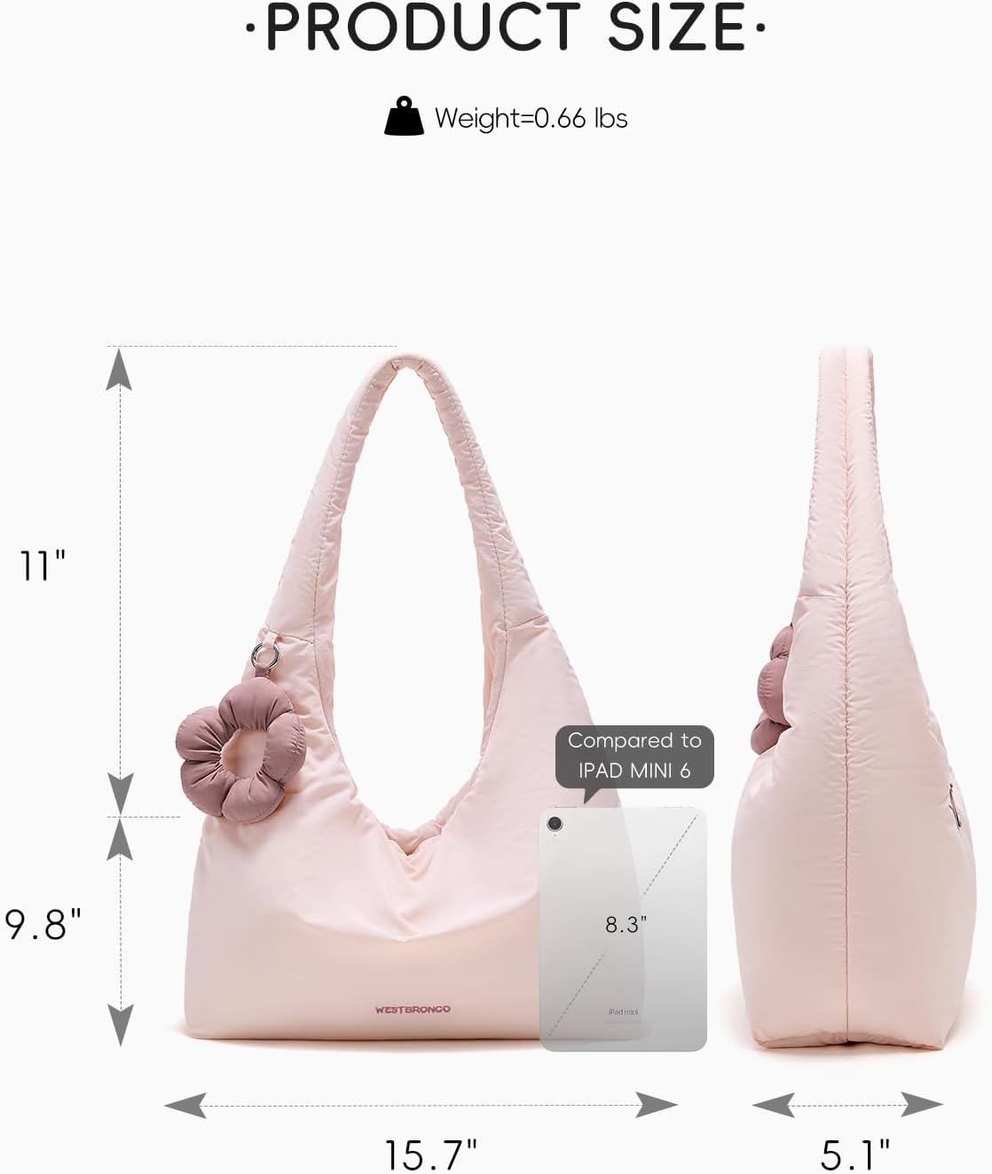 WESTBRONCO Puffer Hobo Shoulder Bag for Women Medium Soft Shoulder Handbags for Work, Travel, Shopping with Flower Keychain - Image 3