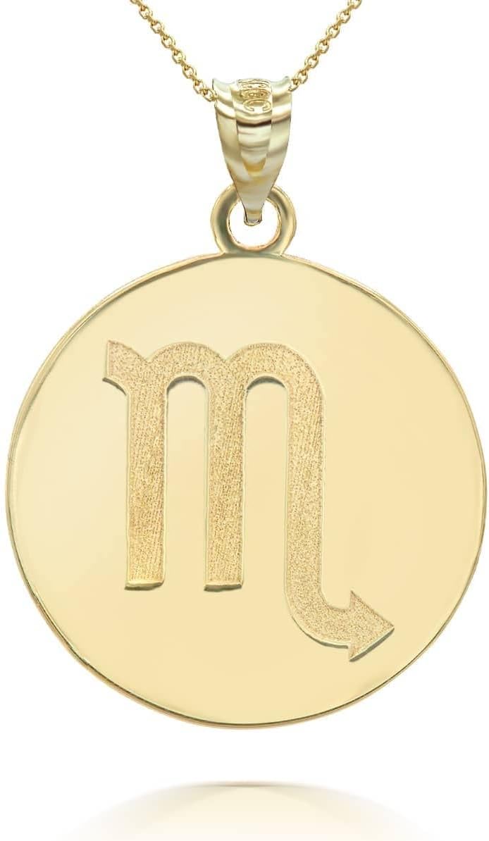 Personalized Name 10k Yellow Gold Zodiac Sign Horoscope Constellation Round Disc Necklace - Choice of Chain Length