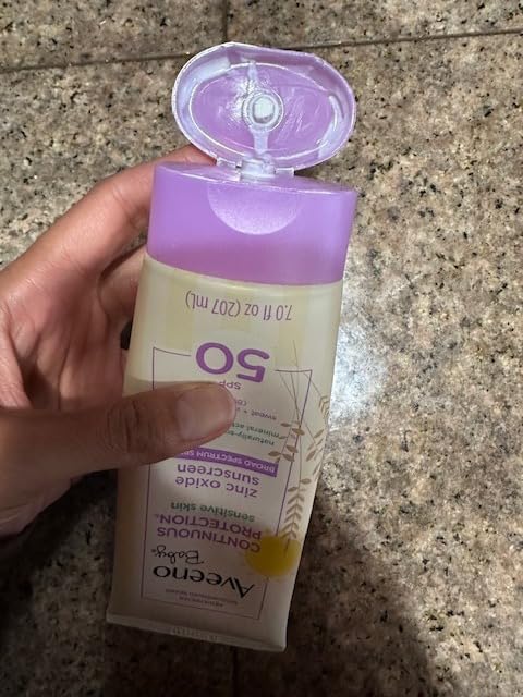 Kenvue Aveeno Baby Continuous Protection Zinc Oxide Mineral Sunscreen Lotion for Sensitive Skin, Broad Spectrum SPF 50, Tear-Free, Sweat- & Water-Resistant, Paraben-Free, Non-Greasy, 7 fl. oz
