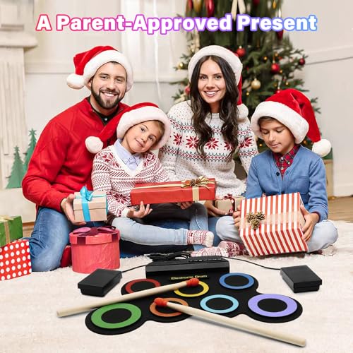 Image of Portable Electronic Drum Set - 7 Pads Roll up Drum Practice Pad with Pedals & Stick, Headphone, Jack in Drum Set Kit for Kids and Adults, Great Holiday Christmas & Birthday Gift