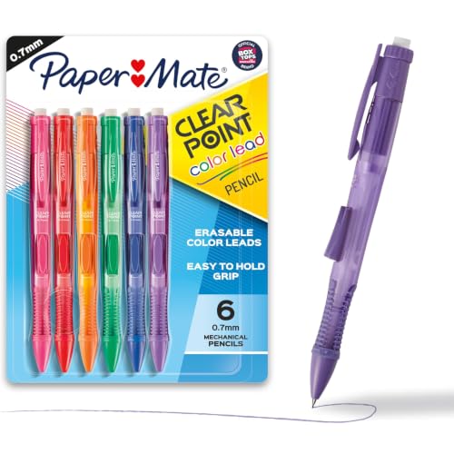 Image of Paper Mate Clearpoint Mechanical Pencils, 0.7mm Color Lead, Erasable, Refillable, 6 Count - Vibrant Colors, Comfortable Grip, Fun Office Supplies