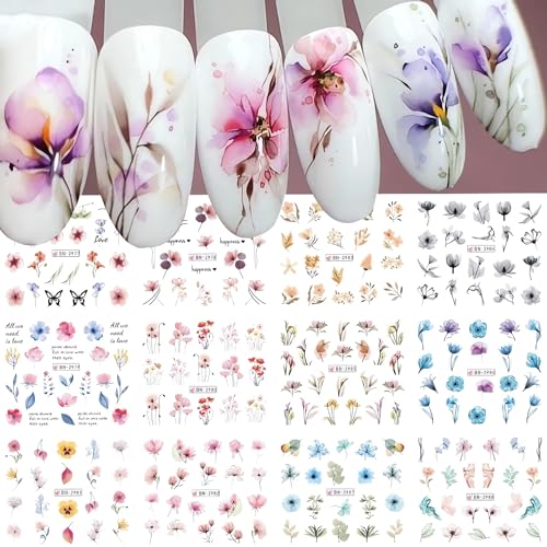 SINSEN 12 Designs Ink Flower Nail Art Stickers Leaves Daisy Lavender Floral Pattern Water Transfer Nail Decals Spring Summer Nail Designs Blossom Flowers Nail Art Decorations for Women Girls