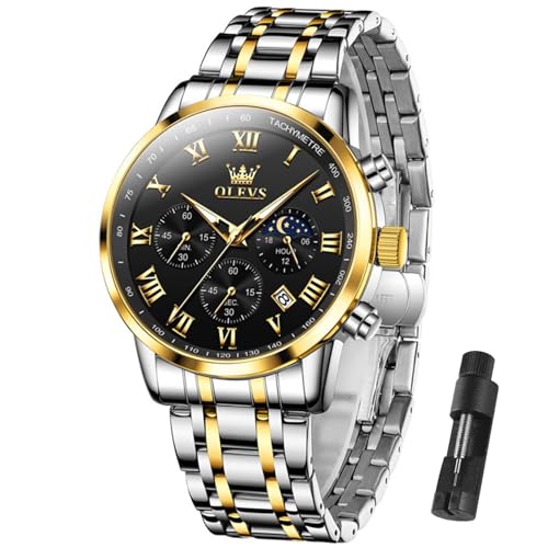 Image of OLEVS Men Multifunction Watch, Multi Dial Waterproof Luminous Chronograph, Gold Silver /Black, Round, mens business watch | Men's Watch with Date Gift for Men,Stainless Steel Watches for Men,Classic Men Wrist Watch