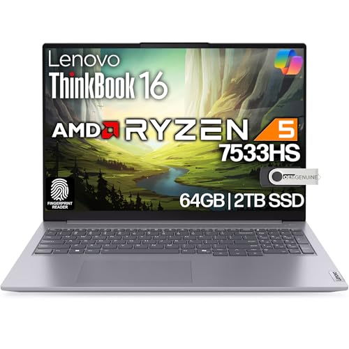 Image of Lenovo ThinkBook 16 G7 Business Laptop, 16 inch FHD+, AMD Ryzen 5 7533HS, 64GB DDR5, 2TB NVMe, WiFi 6 + BT, RJ-45, HDMI, Fingerprint Reader, HD Webcam, Win 11 Pro
