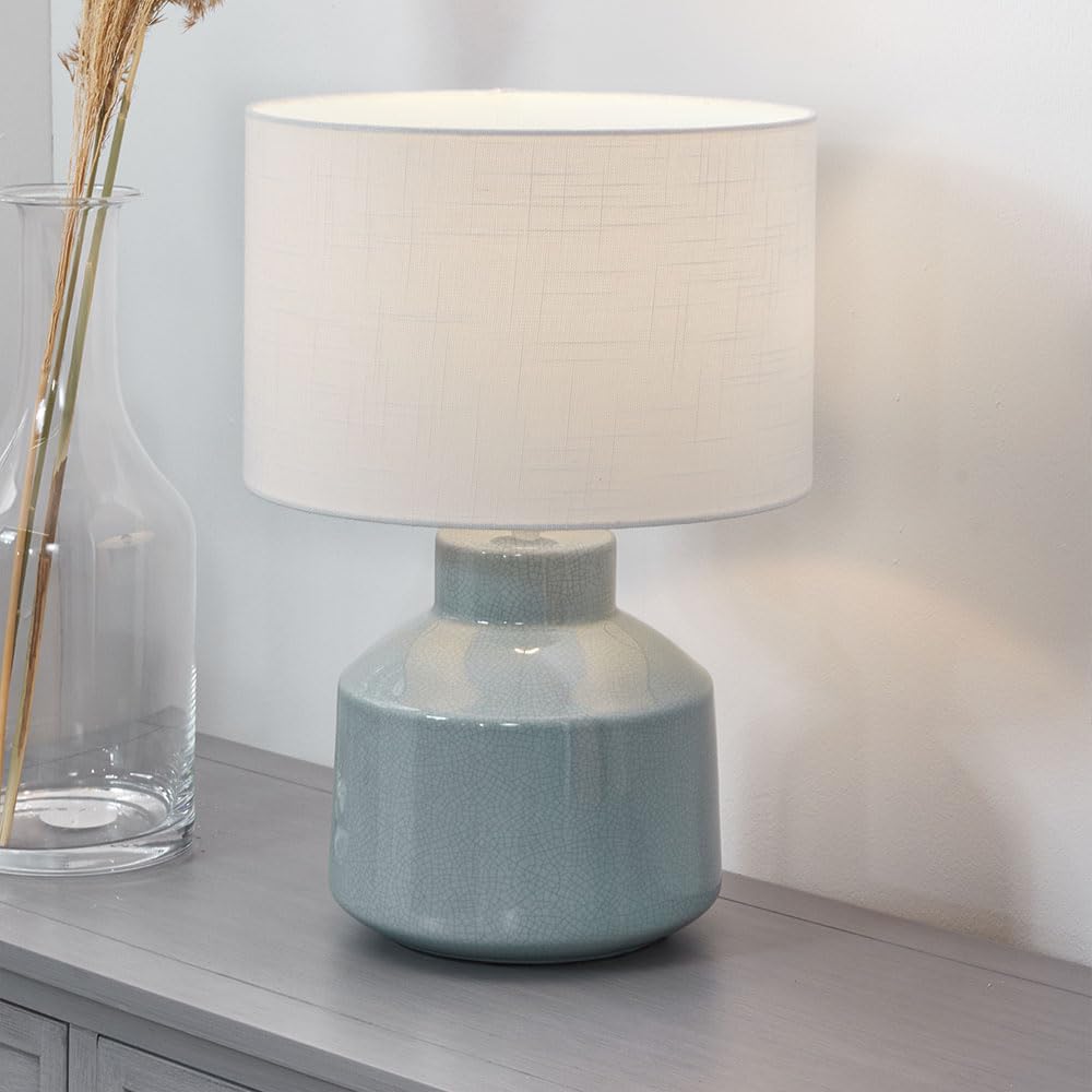 Ruma Unisex Blue Small Crackle Effect Table Lamp Cream Ceramic Base White Drum Shade In